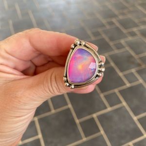 Huge sterling silver wide band synthetic opal ring size 8 - see video!